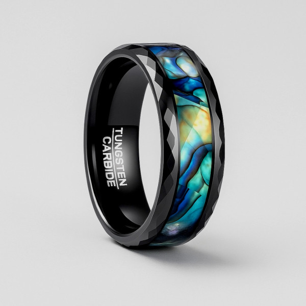 6mm Bague couple personnalisee tungstene noir nacre abalone