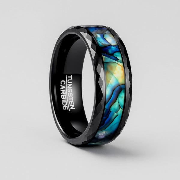 6mm Bague couple personnalisee tungstene noir nacre abalone