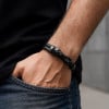Bracelet homme cuir double cordon tresse noir fermoir tete de mort acier