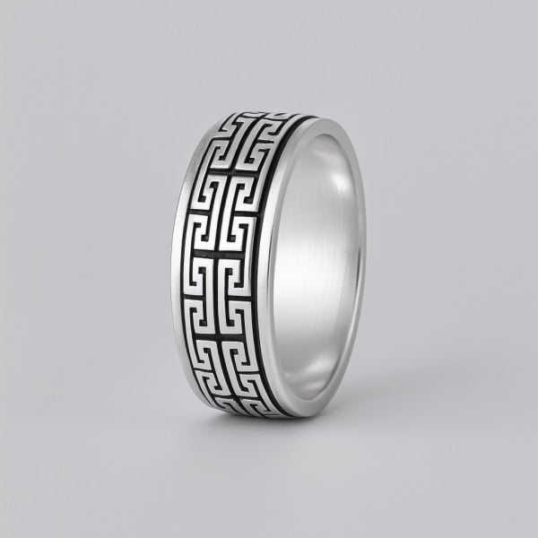 Men's Sterling Silver Greek Key Spinner Dome RIng