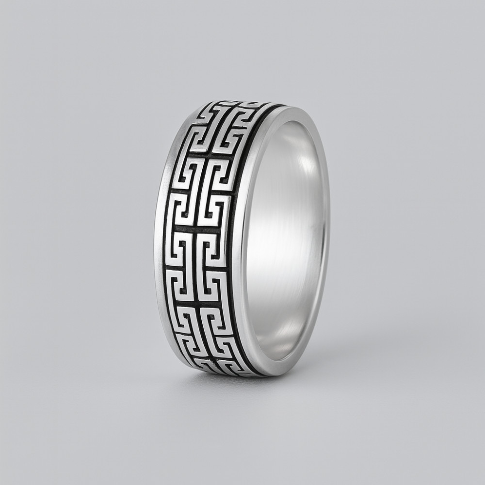 Men's Sterling Silver Greek Key Spinner Dome RIng