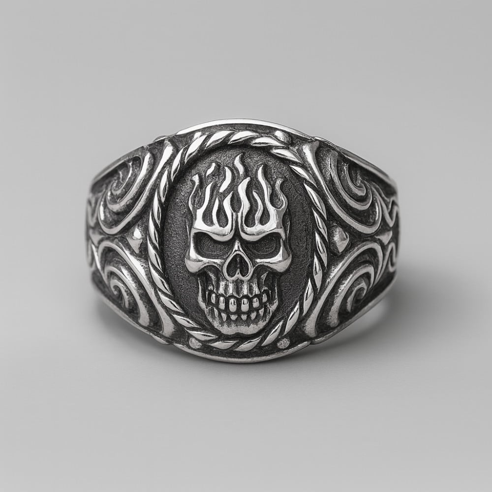 Bague argent chevaliere homme biker tete de mort croix de malte