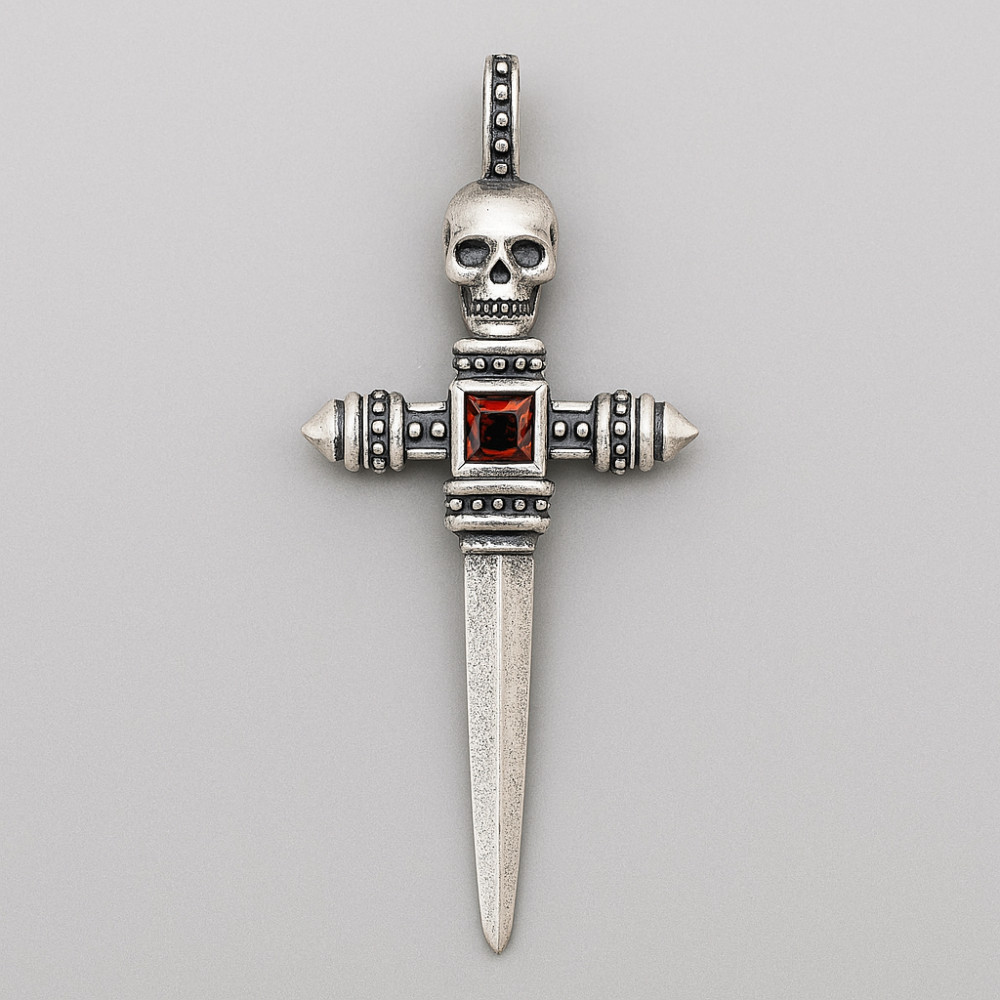 Pendentif homme argent Saint Jacques de epee tete de mort