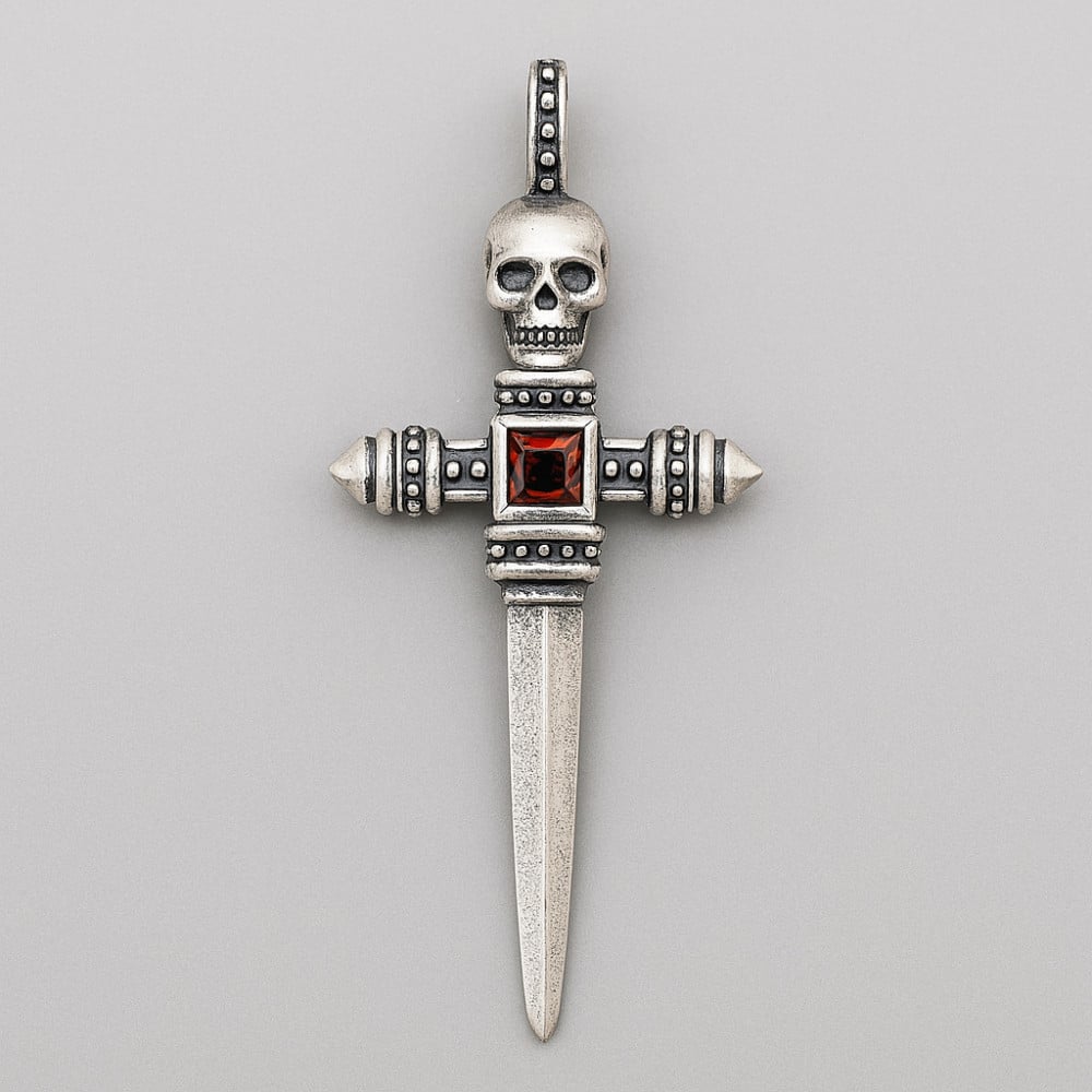 Zilveren herenhanger Saint Jacques de zwaardschedel met gekruiste knekels
