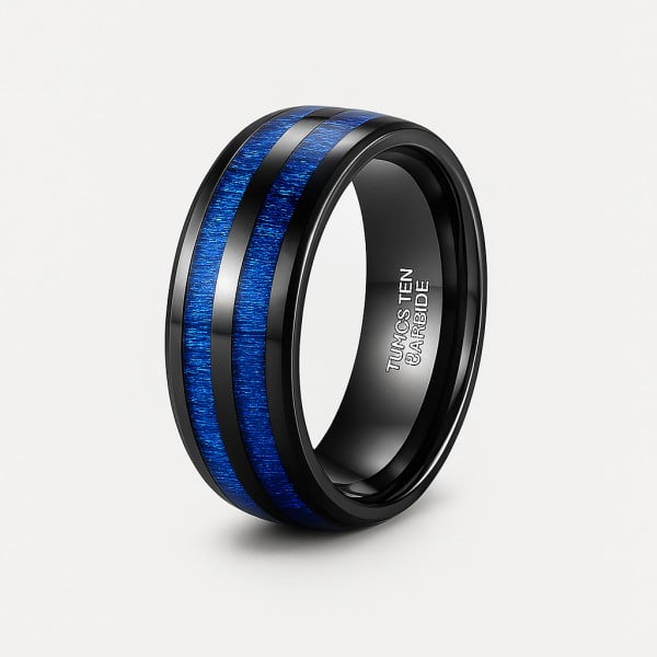 Bague mariage personnalisee tungstene noir lignes bleues bois