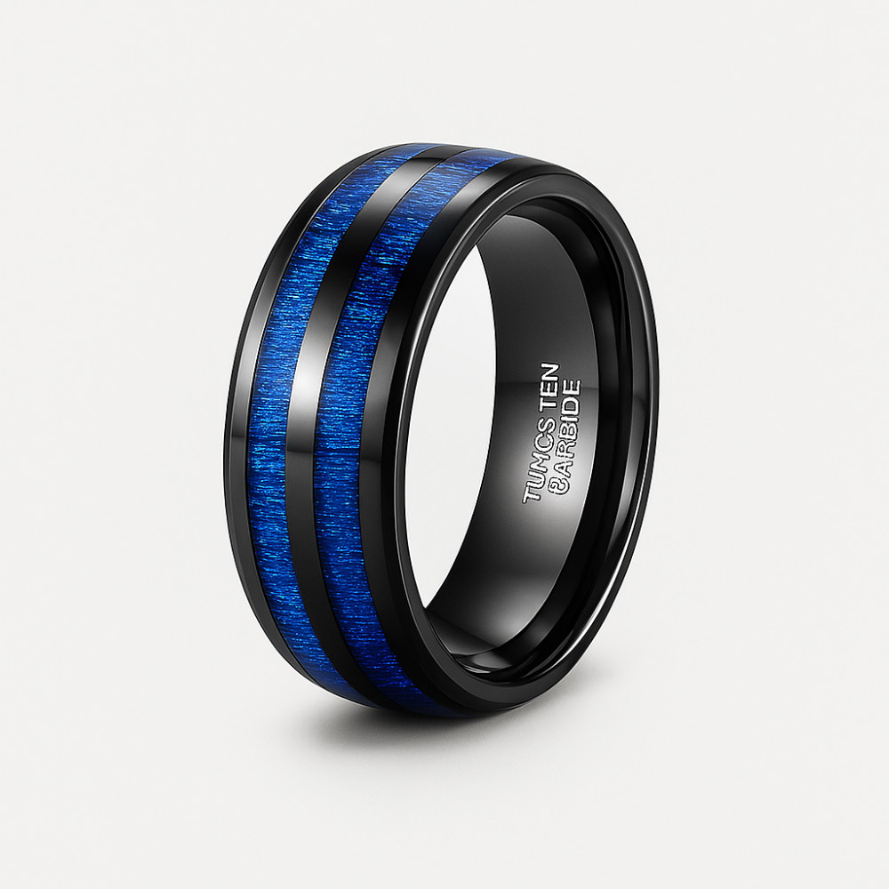 Bague mariage personnalisee tungstene noir lignes bleues bois