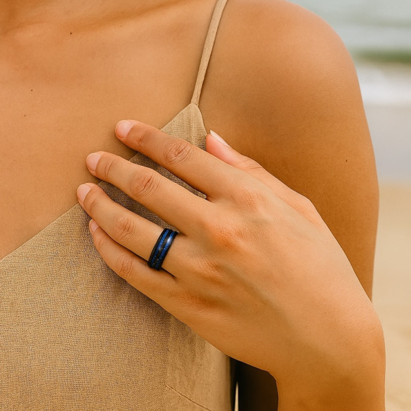 Bague mariage personnalisée en tungstène noir — lignes bleues et
