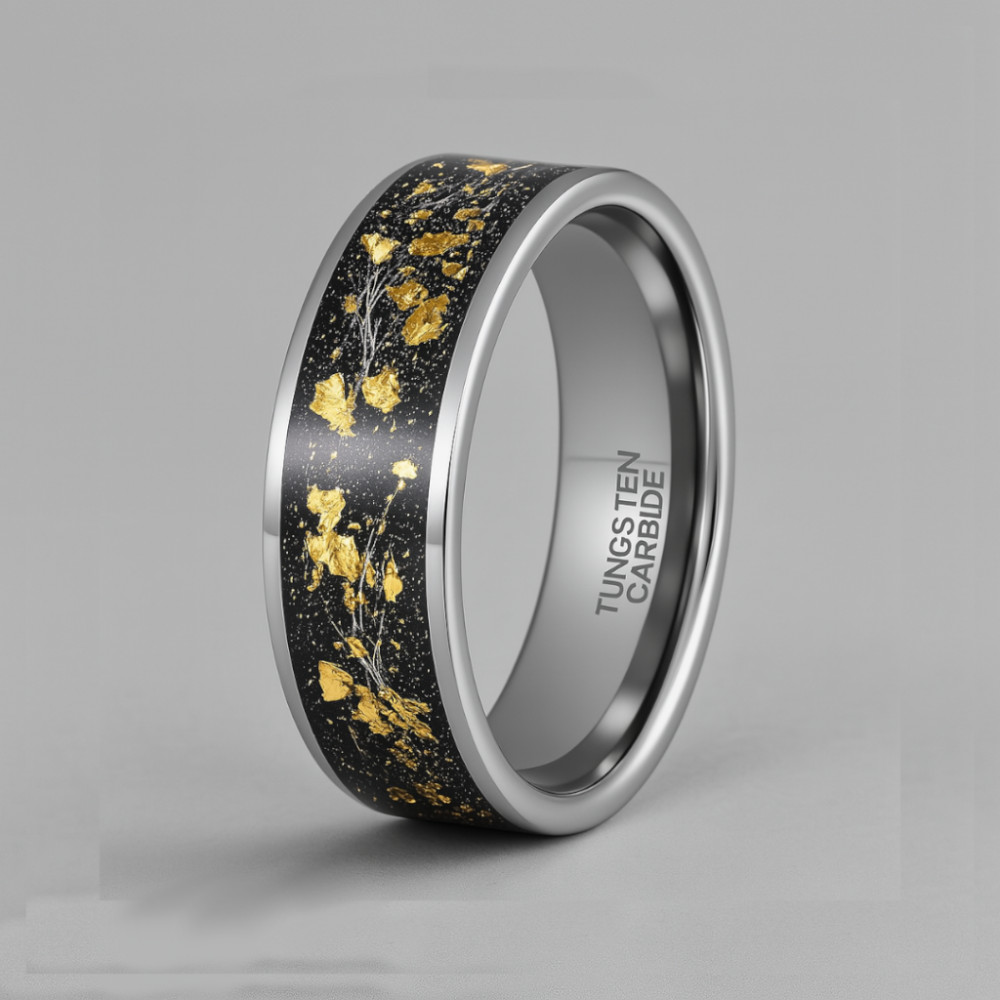 Bague alliance tungstène avec feuilles d’or 18K – Gravure personnalisée offerte
