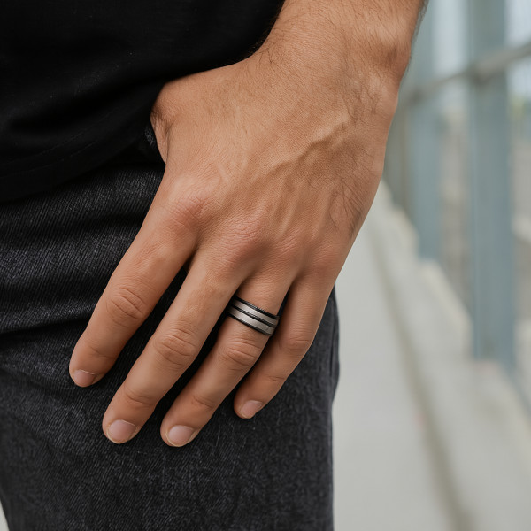 Bague Homme Titane Noir Avec Nacre - Acier Inoxydable - Style Géométrique - Taille 8 à 13