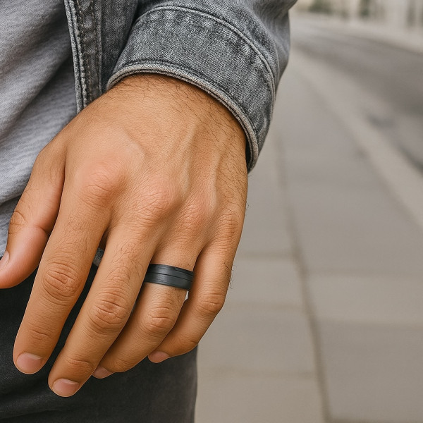 Bague Homme En Titane Noir Avec Incrustation De Nacre – Design Géométrique Moderne - 10