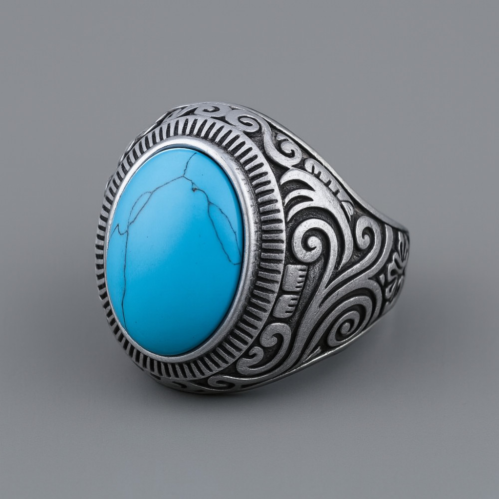 Bague acier chevaliere homme pierre turquoise ovale celtique