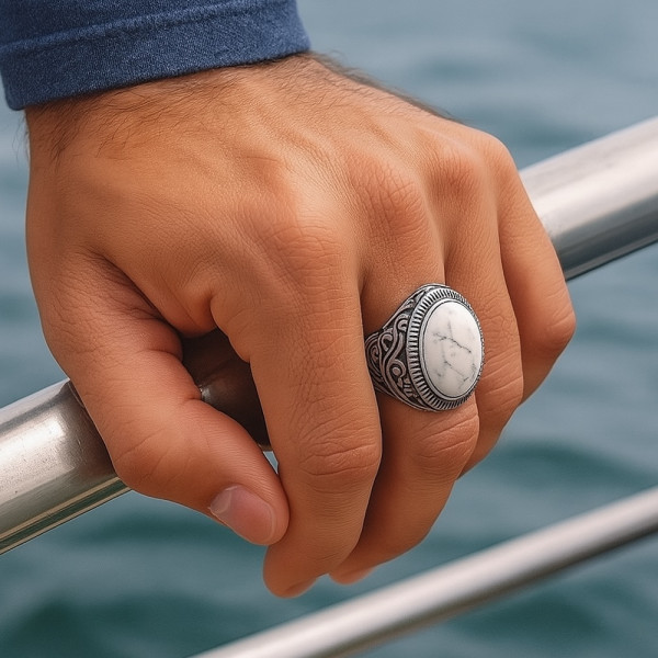 Anello Pietra Ovale Anello Uomo In Acciaio Inox Con Pietra Turchese Simulata – Forma Ovale, Taglie 7-15, Stile Statement, Regalo Ideale Anello Etrusco - Foto 8