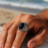 B Bague acier chevaliere homme pierre turquoise ovale celtique