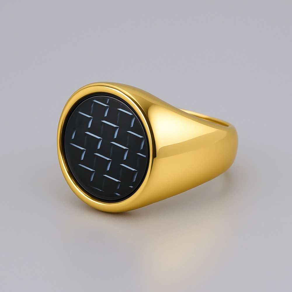Bague homme acier chevaliere fibre de carbone noir