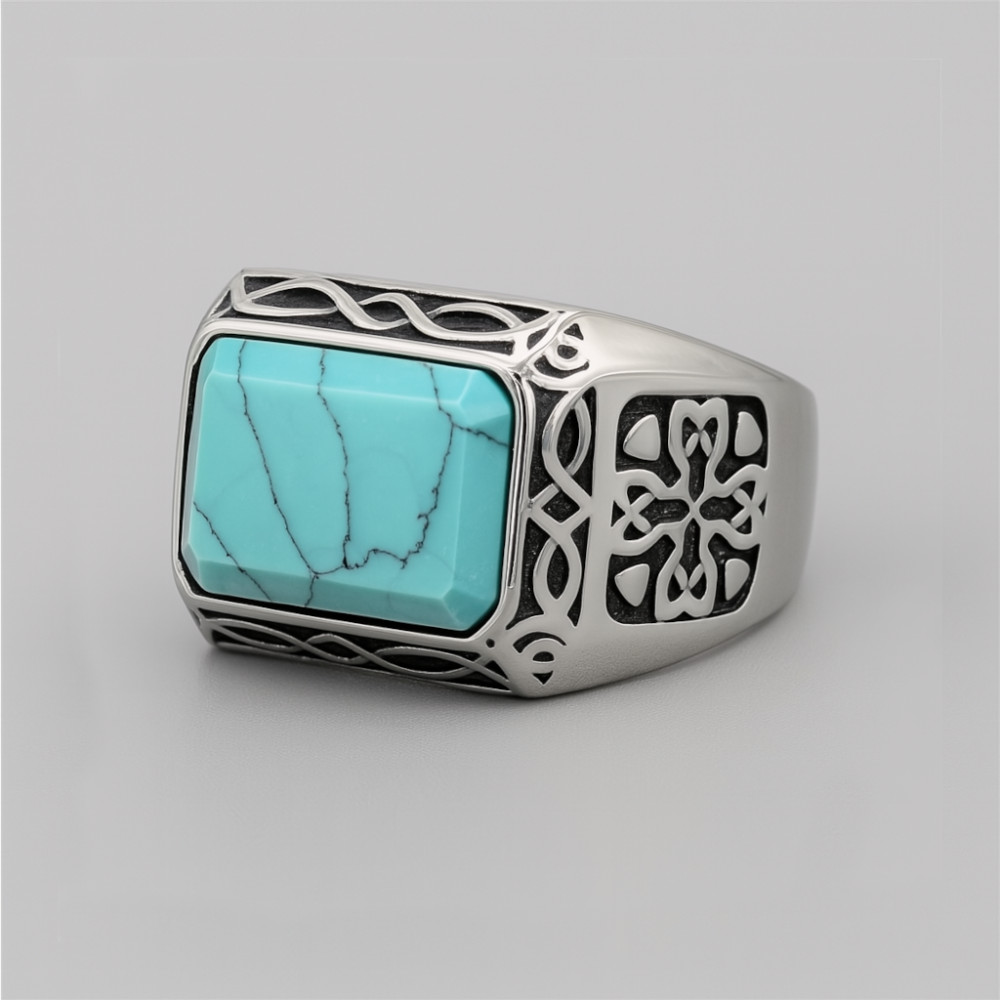 Bague homme acier chevaliere celtique turquoise