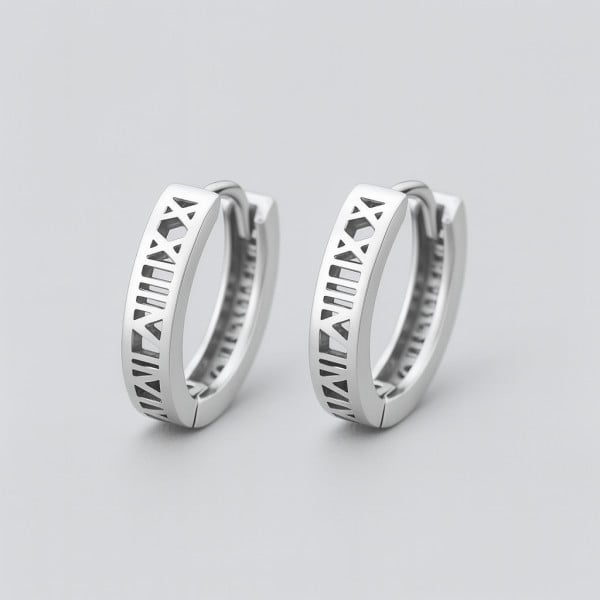 Men's Sterling Silver Roman numerals Hoop Earrings - pair