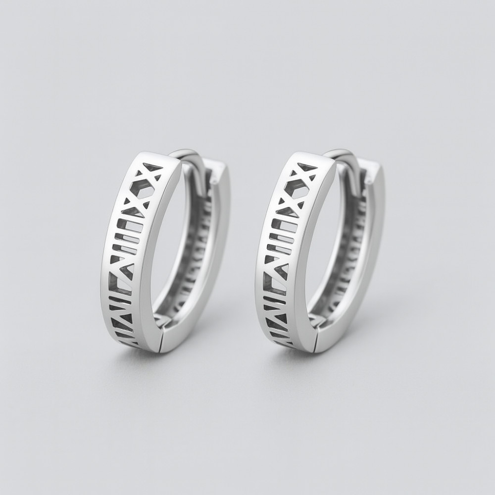Pendientes de aro de plata para hombre y mujer con números romanos grabados - par