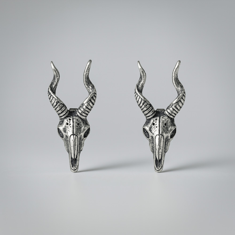 Silver Goat Skull Stud Earrings for Men