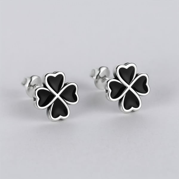 Boucles d'oreilles clous argent 925 trefle a quatre feuilles noire