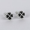 Boucles d'oreilles clous argent 925 trefle a quatre feuilles noire