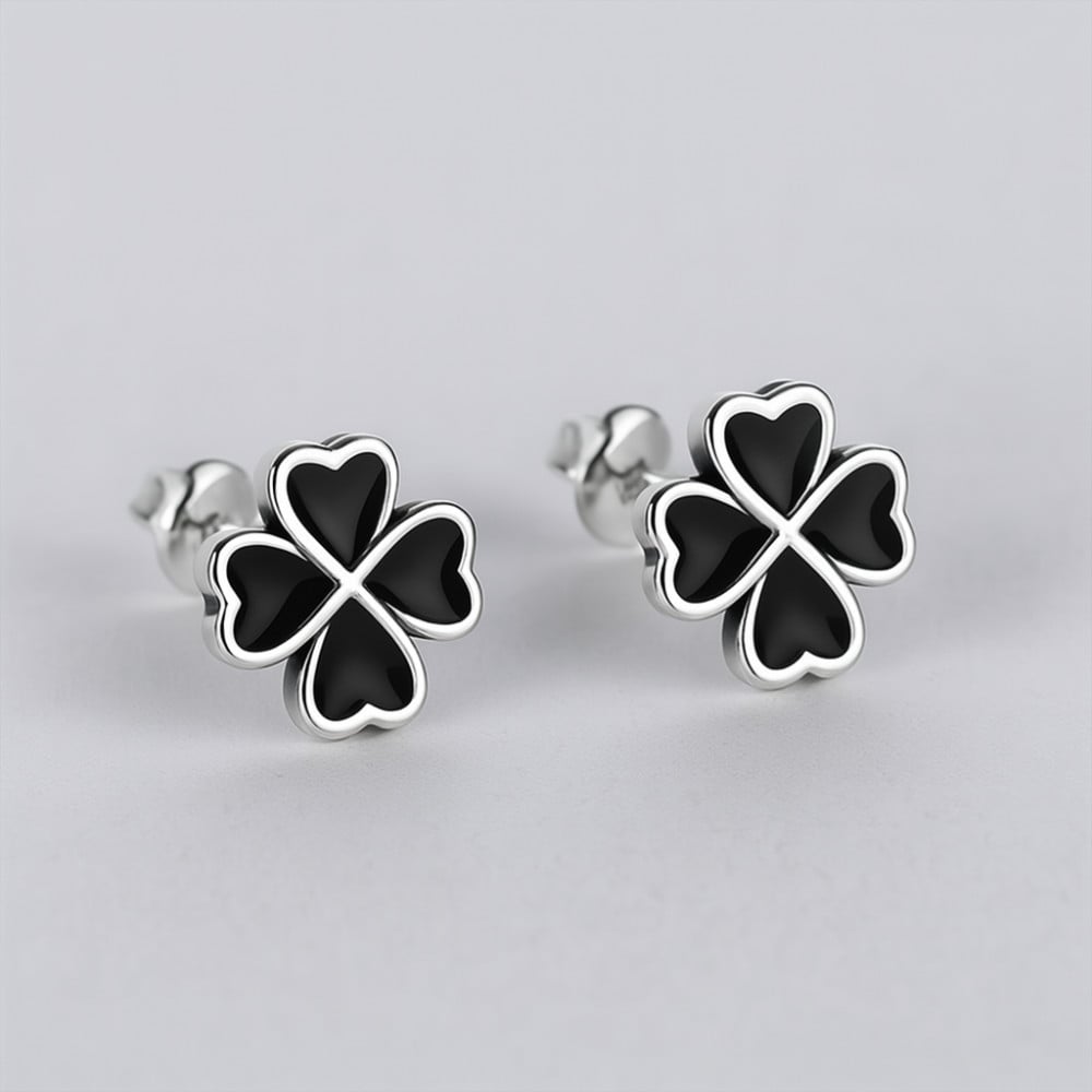Boucles d'oreilles clous argent 925 trefle a quatre feuilles noire