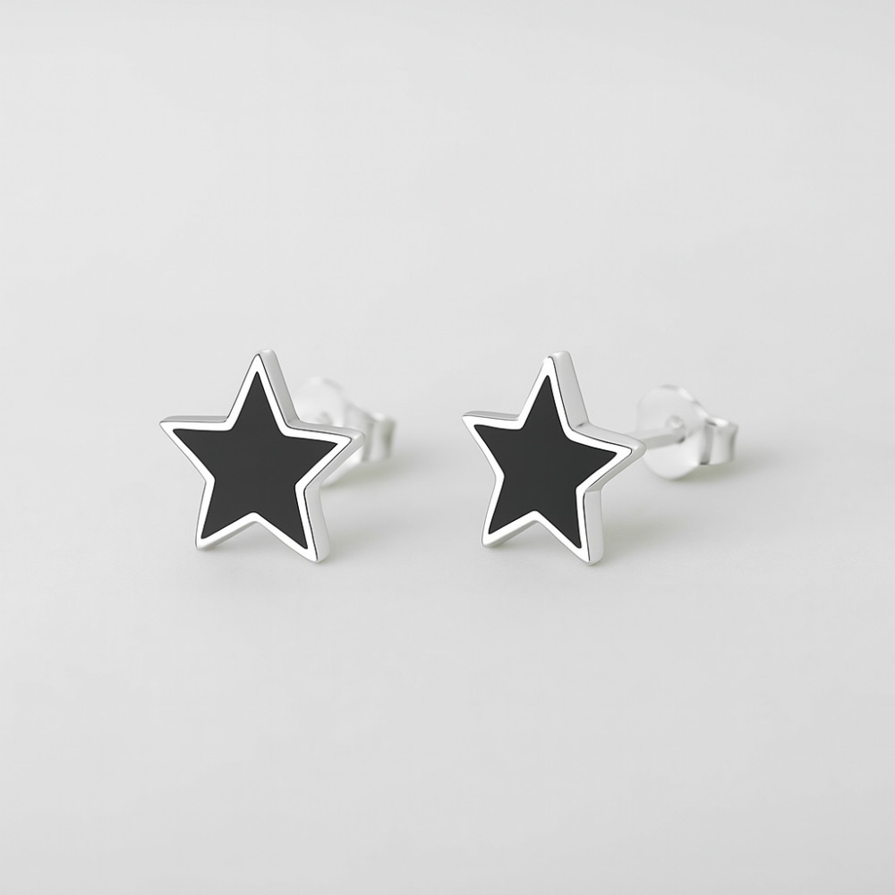 Boucles d'oreilles clous argent pentacle punk star resine noire homme femme - paire