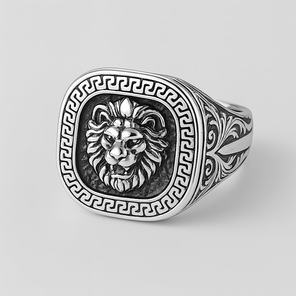 Greek motif lion signet ring