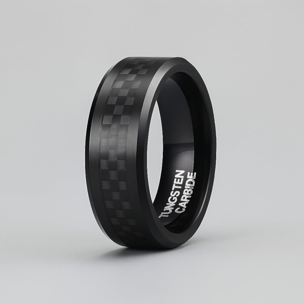 Bague homme tungstene anneau noir fibre de carbone personnaliser