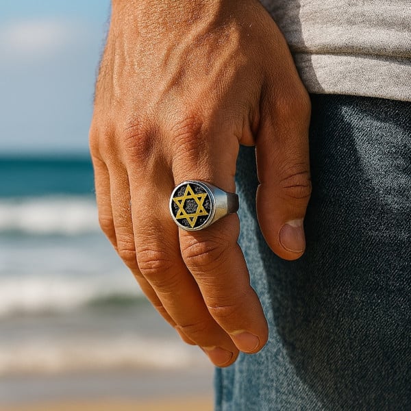 Chevalière Homme en Acier Inoxydable avec Étoile de David Cadeau