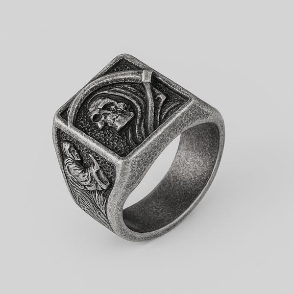 Bague chevaliere homme acier tete de mort faucille