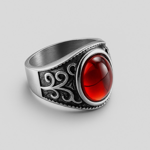 Bague homme chevaliere acier pierre rouge ovale celtique