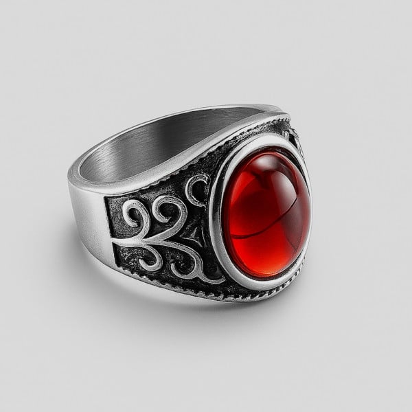 Bague homme chevaliere acier pierre rouge ovale celtique