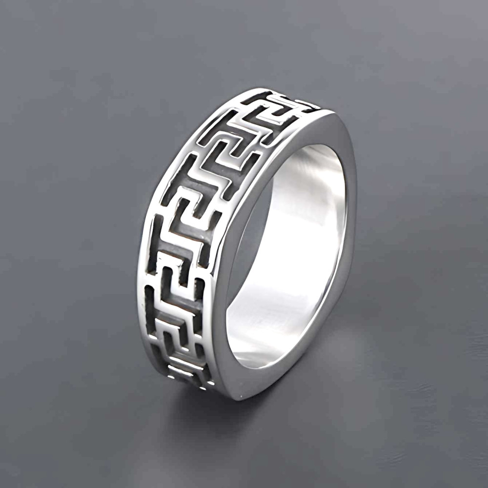 Bague anneau homme acier cle grecque relief