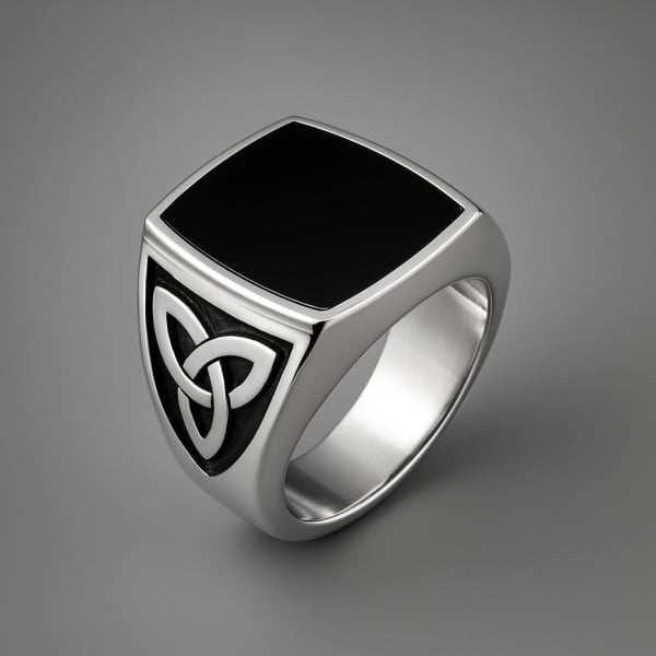 Bague homme chevaliere acier resine noire motif celtique