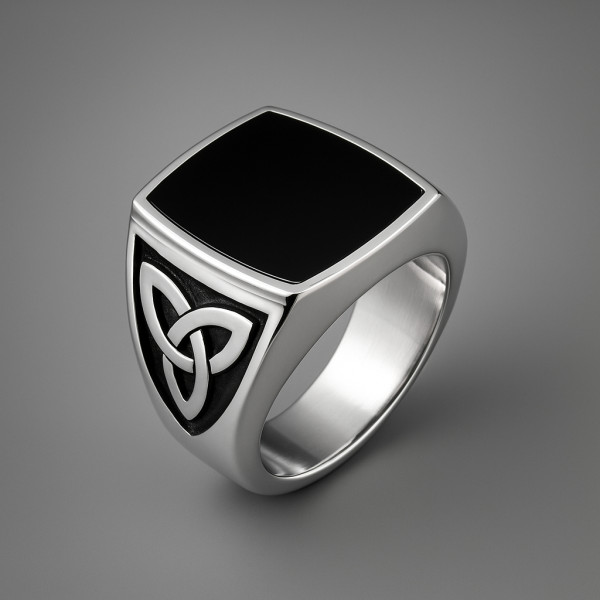 Bague homme chevaliere acier resine noire motif celtique