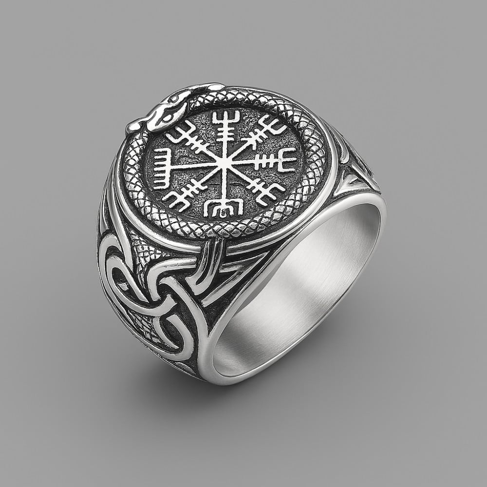 Bague homme acier chevalière runes viking celtique