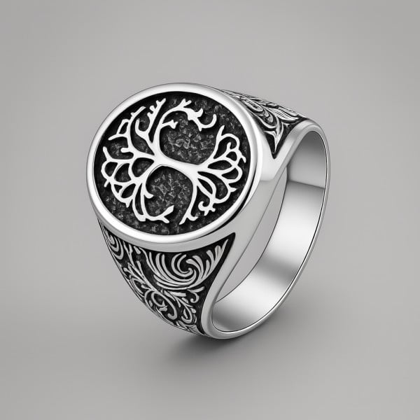 Bague homme acier chevaliere arbre de vie resine noir