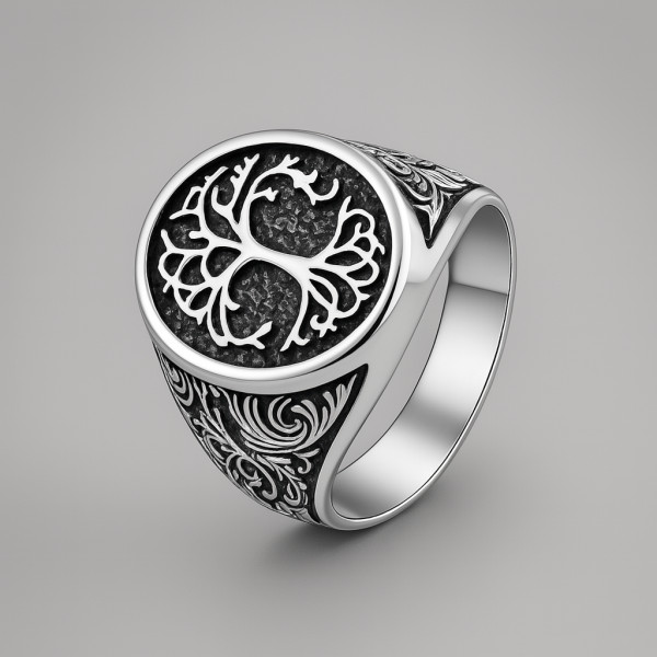 Bague homme acier chevaliere arbre de vie resine noir
