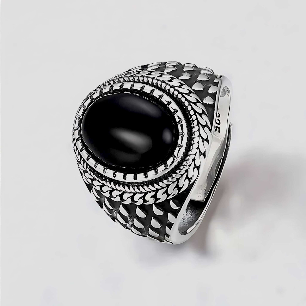 Bague argent ouvert chevaliere homme onyx ovale noire