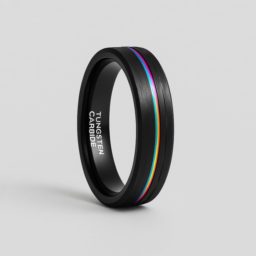 Bague personnalisee homme anneau tungstene brosse ligne arc en ciel