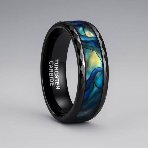 8mm Bague couple personnalisee tungstene noir nacre abalone