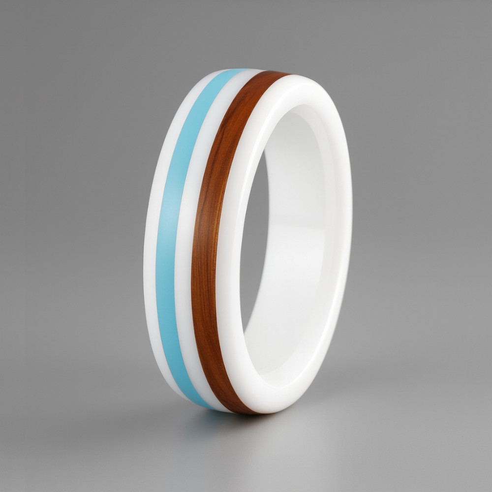 Bague céramique blanche ligne bois