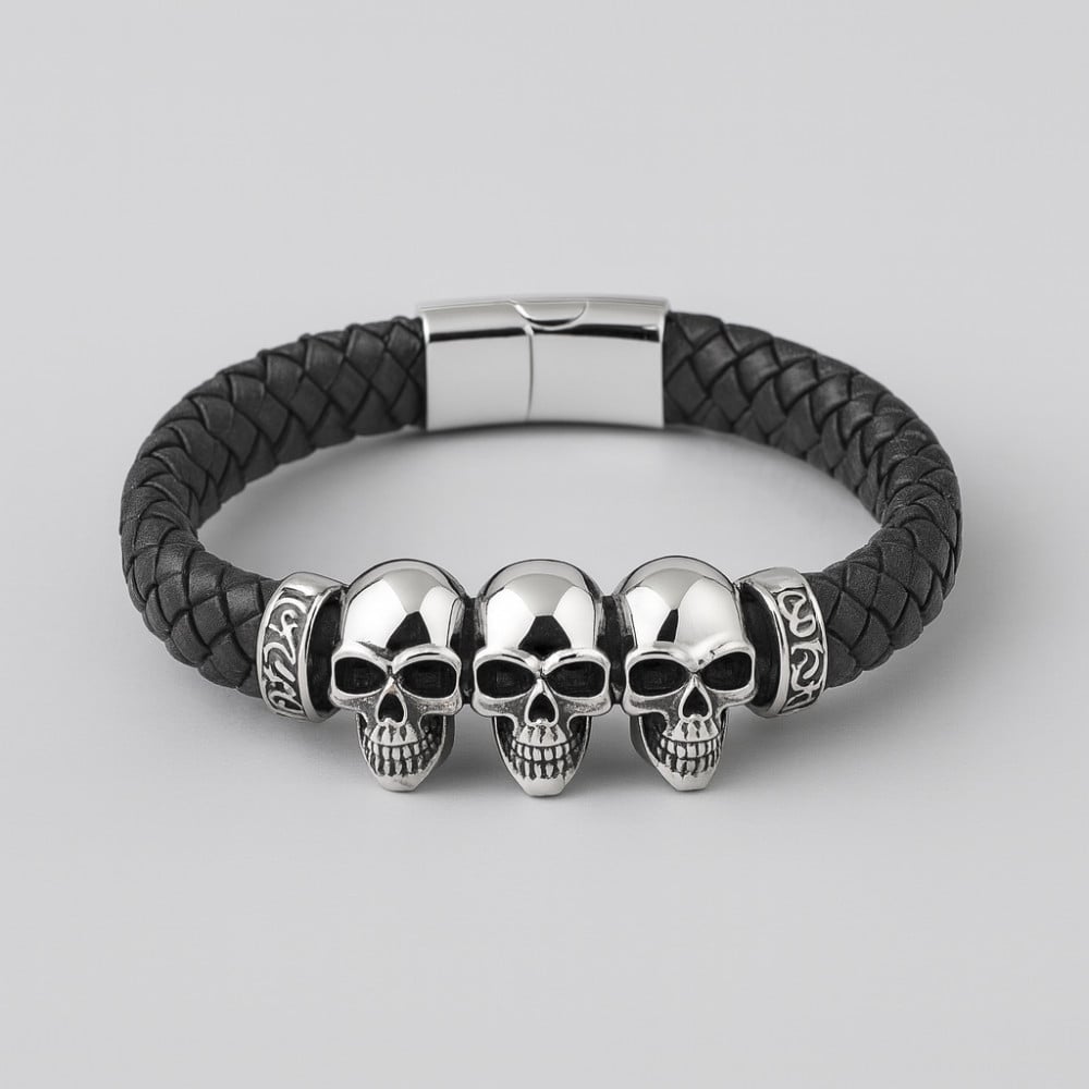 Bracelet homme biker cuir noir tete de mort fermoir Acier