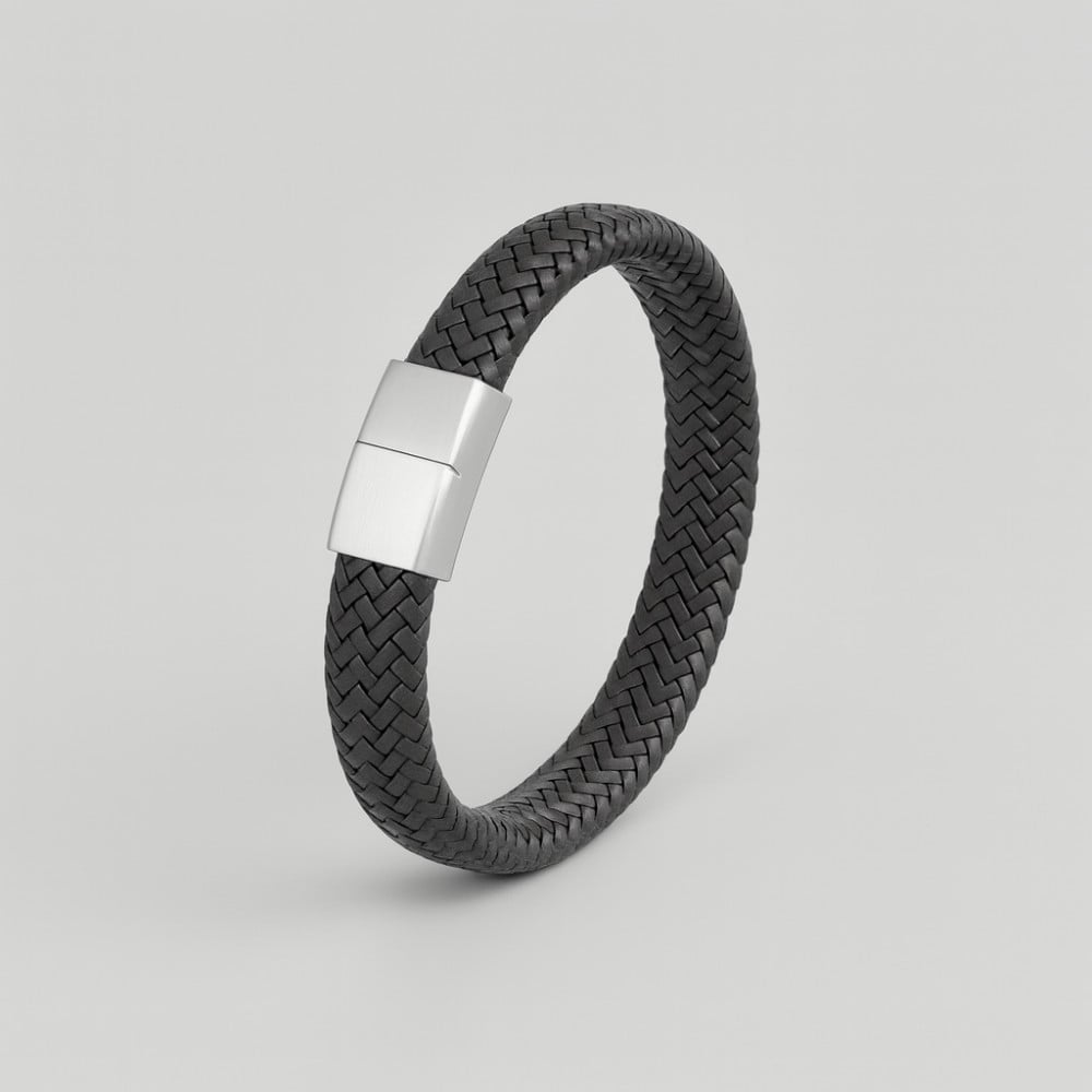 Bracelet Homme Cuir Noir Tréssé Plat Fermoir Acier Inoxydable[u1950