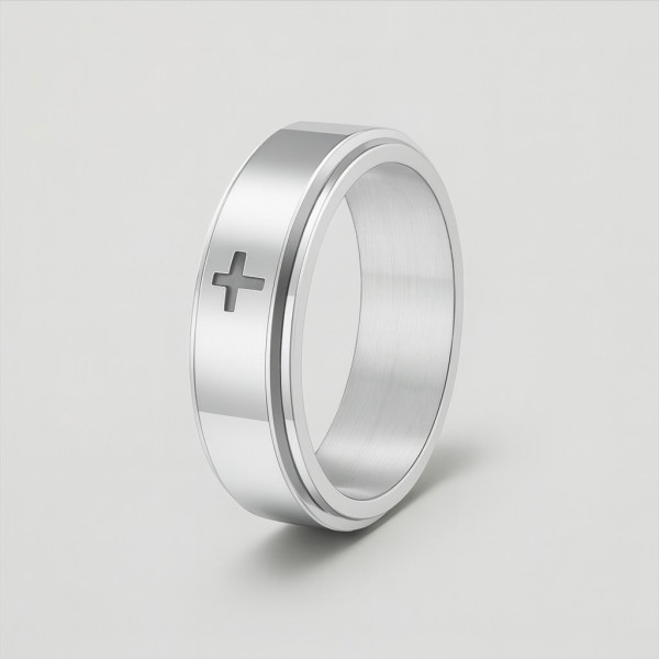 Anillo de hombre giratorio antiestrés con cruz de acero.