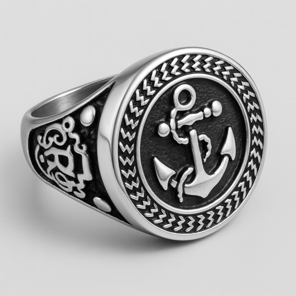 Bague chevaliere homme acier ancre marine viking celte