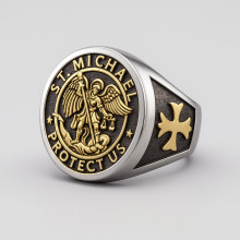 Anillo de acero con cruz de los Caballeros de San Miguel para hombre