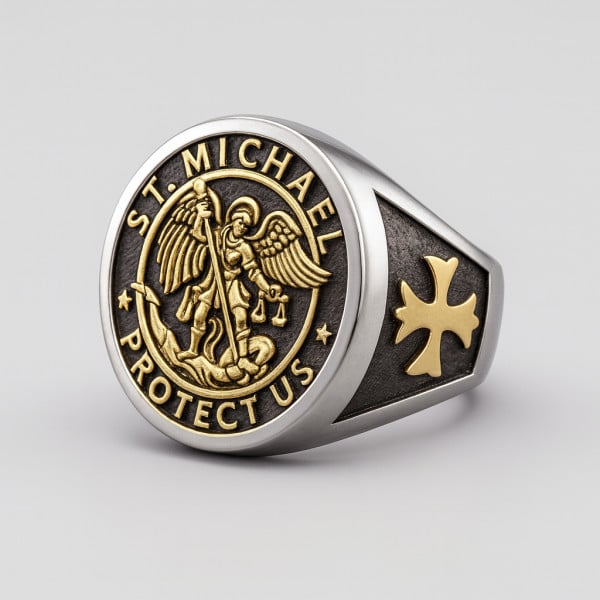 D Bague homme saint michael chevaliere croix acier