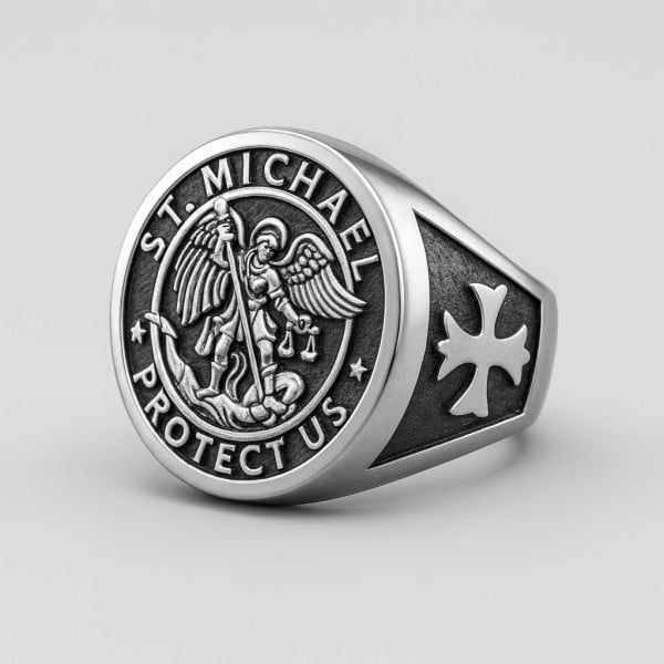 Chevalière Acier: Symbole Saint Michel Croix 2375