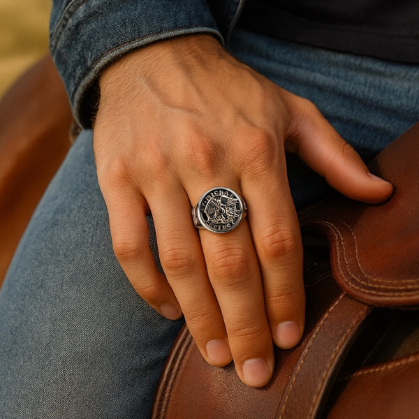Anello Arcangelo San Michele In Acciaio Inox Per Uomo - Scudo Del Cavaliere, Religioso Cattolico